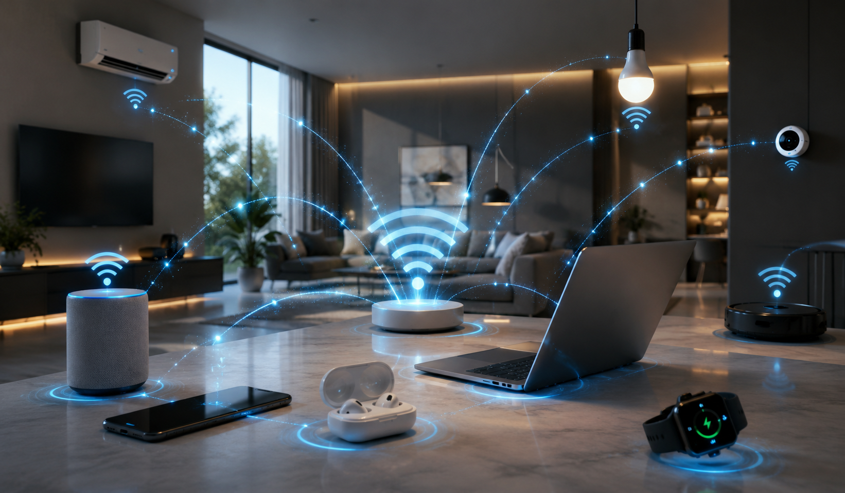 Futuristic smart home where Wi-Fi wirelessly powers connected devices including a smartphone, laptop, smartwatch, earbuds, and smart speaker.